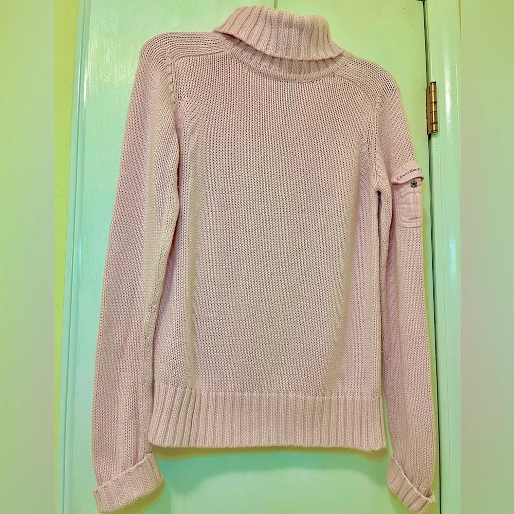 Calvin Klein Knit Sweater Barbie Pink Cowl Turtleneck w/ Pocket 100% Cotton SM